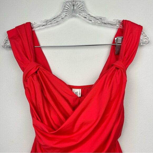 Badgley Mischka One Piece Wide Strap Swimsuit Red Ruched Sweetheart Crossover 8 - Picture 4 of 14